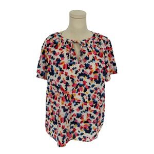 Style & Co Blouse Multi-Color Abstract Floral Keyhole Tie Front XL 100% Cotton